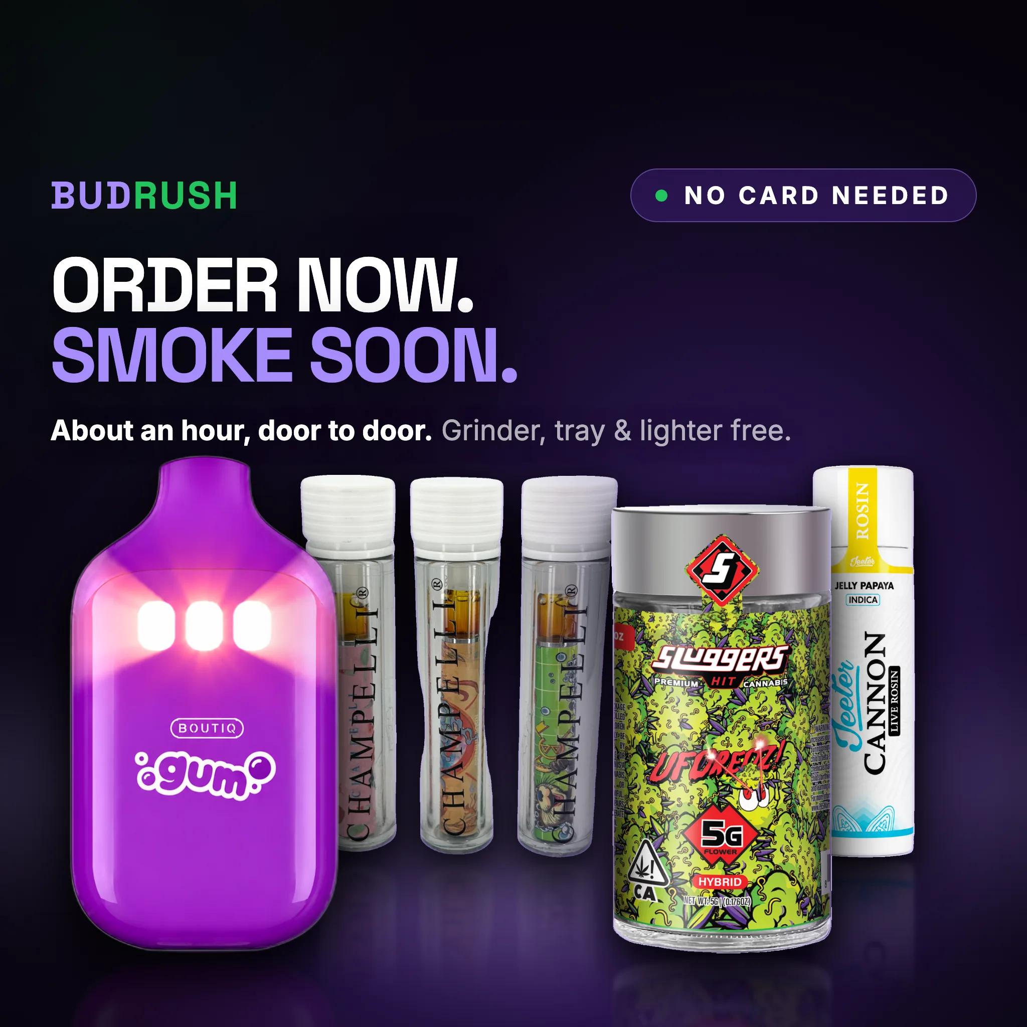 Order now, smoke soon — BudRush cannabis delivery in Miami, at your door in about an hour, no card needed