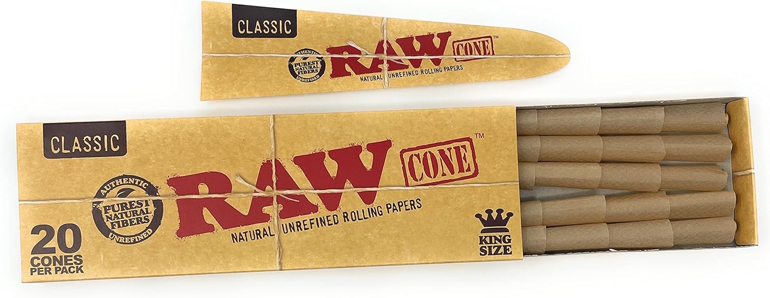 RAW Cones Classic King Size - 20 Pack - Pre Rolled RAWthentic Cones Rolling Papers with Tips, All Natural, Green Blazer Sticker